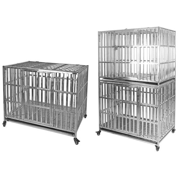 Non-Folding Stainless Steel Dog Kennel Crate with Removable Tray and Locks for Large Pets