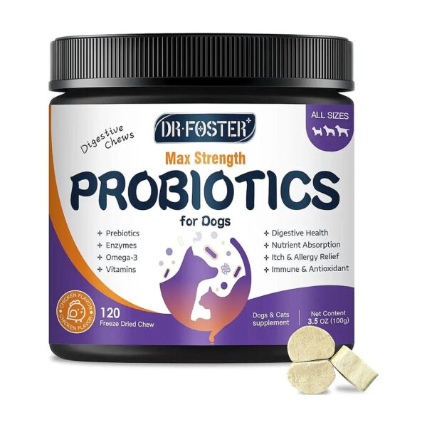 Non-GMO Probiotics, Omega-3, and Digestive Enzymes in Crunchy Freeze-Dried Chews for Dogs