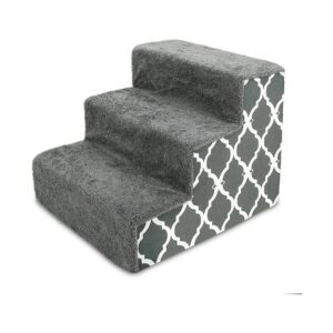 Non-Slip and Balanced 3-Step Pet Stairs for Small Dogs and Cats with Gray Lattice Print