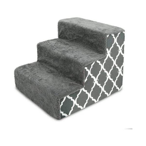 Non-Slip and Balanced 3-Step Pet Stairs for Small Dogs and Cats with Gray Lattice Print