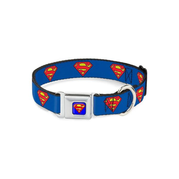 Nylon 1 Inch Wide Superman Shield Blue Dog Collar Seatbelt Buckle 11-17 Inches