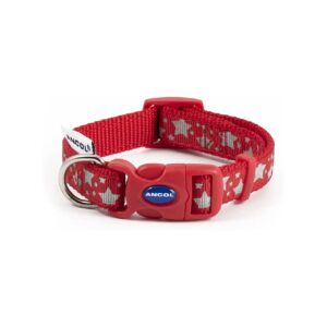 Nylon Adjustable Collar with Reflective Star Red Paw N Bone Small 20-30cm