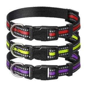 Nylon Adjustable Reflective Dog Collars 3-Pack with Quick Release Buckle and Metal D-Ring