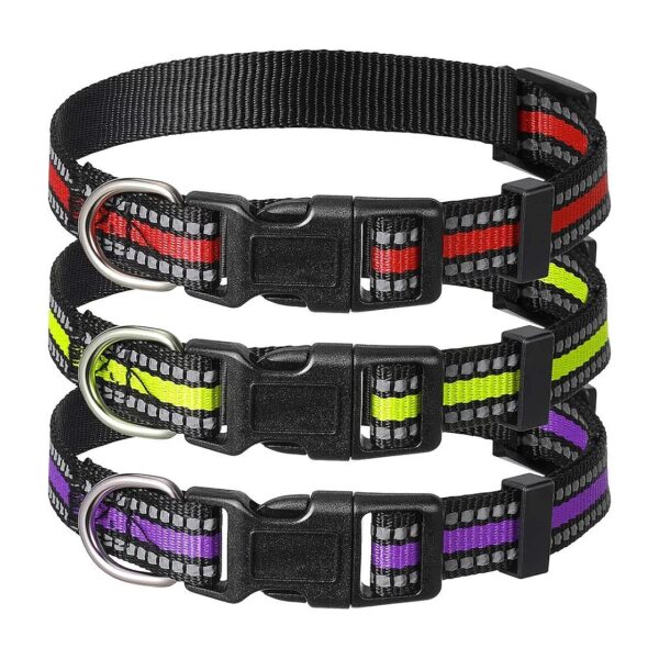 Nylon Adjustable Reflective Dog Collars 3-Pack with Quick Release Buckle and Metal D-Ring