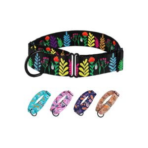 Nylon Floral Martingale Collar for Dogs Large Medium Size Black Leather Hardware