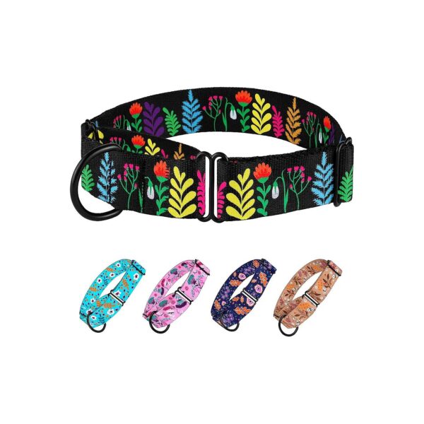 Nylon Floral Martingale Collar for Dogs Large Medium Size Black Leather Hardware