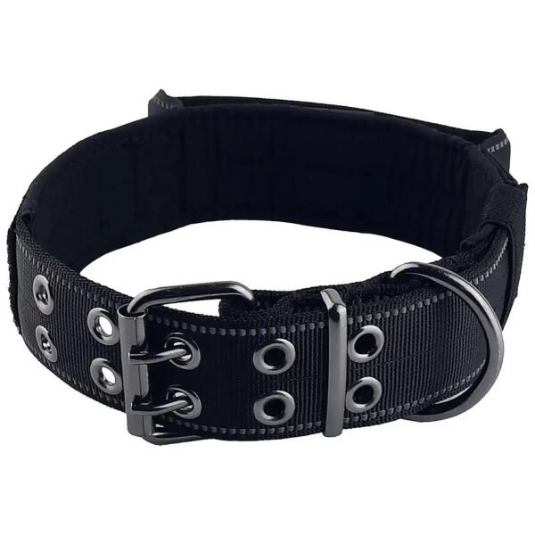 Nylon Medium Black Dog Collar with Heavy Duty Metal Buckle and Reflective Threads