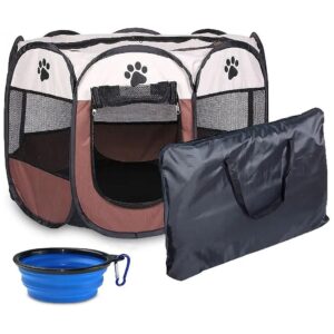 Octagon Pet Playpen with Free Carrying Case and Travel Bowl for Small Dogs and Cats