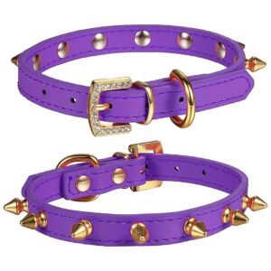 One Row Golden Spiked Leather Collar with Golden Rhinestone Buckle for Small Pets