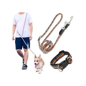 Orange Dog Leash with Reflective Material for Hands Free Walking and Hiking with Dogs