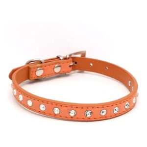 Orange Leather Dog Collar with Rhinestones and Heavy Duty Buckle for Small Medium Breeds