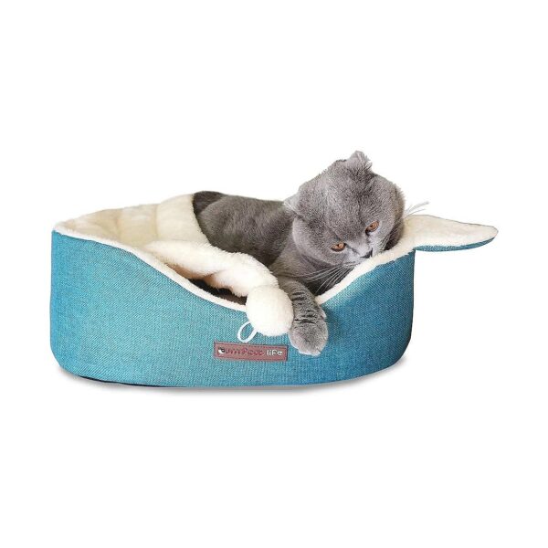 Oval Pet Bed for Cats and Small Dogs with Attached Blanket and Hooded Bolster