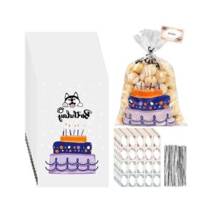 PET) Cellophane Treat Bags with Paw Print Design and Stickers for Pet Party Supplies