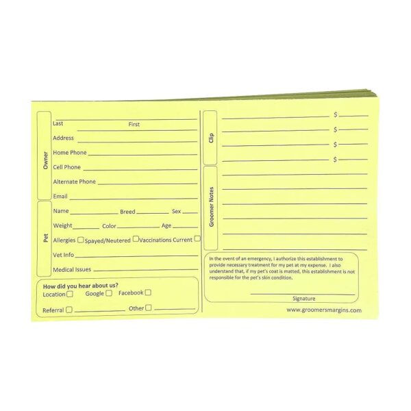 Pack 100 x 5x8 Yellow Grooming Cards for Dog Owners and Veterinarians