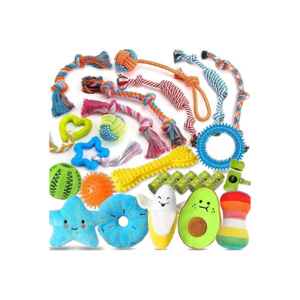 Pack of 25 Luxury Dog Toys with Ropes, Treat Ball, and Squeakers