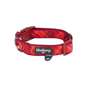 Padded Adjustable Dog Collar with Red Aileen Tartan Pattern and Silver Hardware