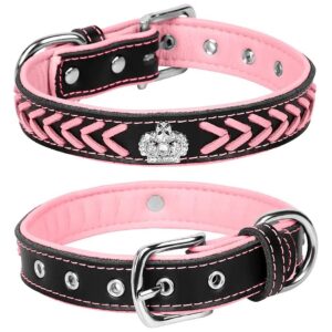 Padded Leather Dog Collar with Adjustable Holes and Metal Buckle for Female Puppy Dogs