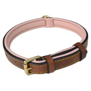 Padded Leather Dog Collar with Brass Buckle Size Medium Brown and Pink Handmade