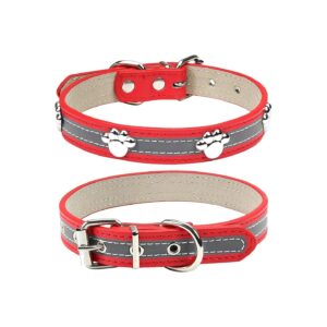 Paw Studded Adjustable Red Collar with Soft PU Leather for Small Medium Large Dogs Cats