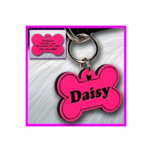 Personalized Custom Engraved Plastic Bone Shaped Pet ID Tag with Pink and Black Finish