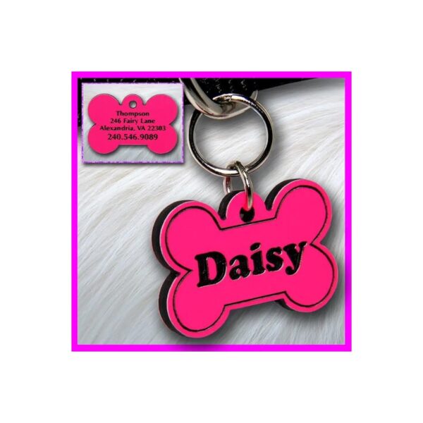 Personalized Custom Engraved Plastic Bone Shaped Pet ID Tag with Pink and Black Finish