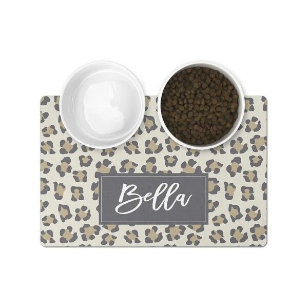 Personalized Grey Leopard Pet Food Mat with Edges for Cats and Dogs