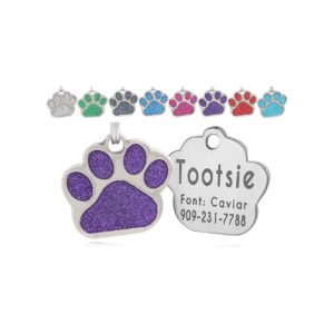 Personalized Purple Glitter Paw Dog Tag or Cat Tag with Split Ring and Easy Read