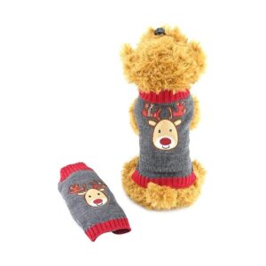 Pet Apparel Medium Gray Knitted Reindeer Christmas Sweater for Dog Cold Weather Warm Gift