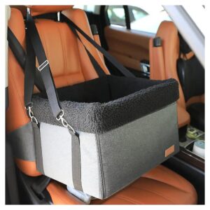 Pet Car Seat for Small Dogs with Grey Fleece Liner, Foldable Design, and Adjustable Leash