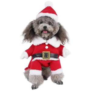 Pet Christmas Costume with Cap, Warm Fleece Dress for Cats and Small Dogs, Medium Size