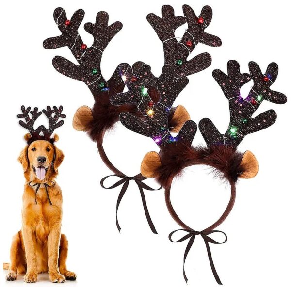 Pet Christmas Party Hats with LED Lights and Realistic Deer Shape for Dogs and Cats