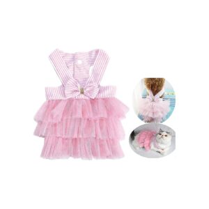 Pet Dog Dress with Striped Mesh Skirt and Bowknot for Small Breed Dogs and Cats Apparel