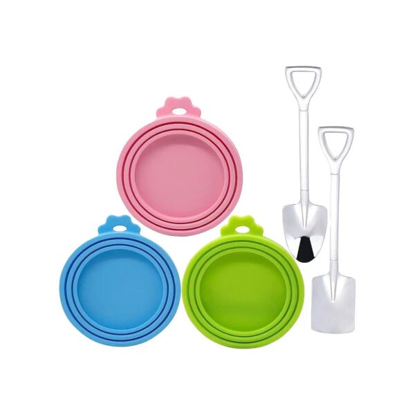 Pet Food Can Lids and Spoons Package with 2 Spoon Shapes and 3 Colors for Multi-Pet Homes