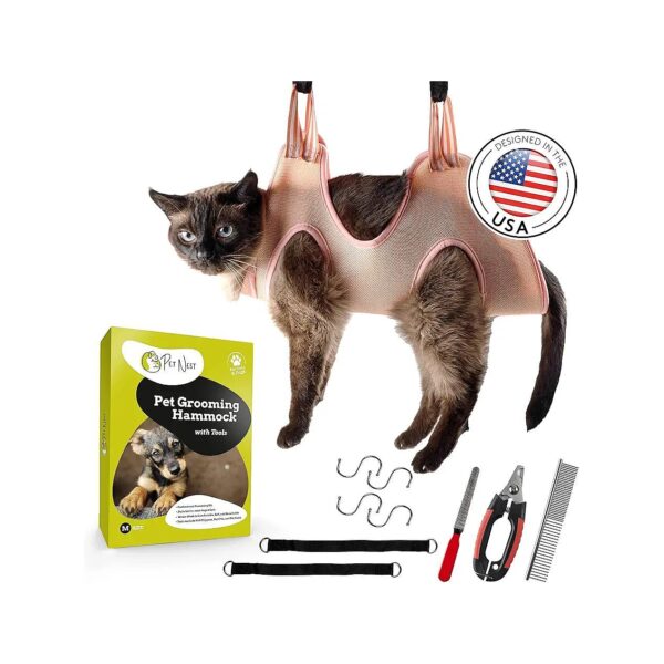 Pet Grooming Hammock with Nail Clippers, File, Comb, and Sling for Cats and Small Dogs