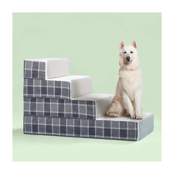 Pet Ladder for Large Breeds with Grey and Black Checked Pattern and Foam Accents