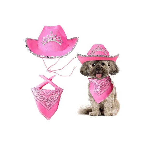 Pet Pink Cowboy Hat Costume Accessory Set with Crown Tiara for Cat Puppy Daily Wearing