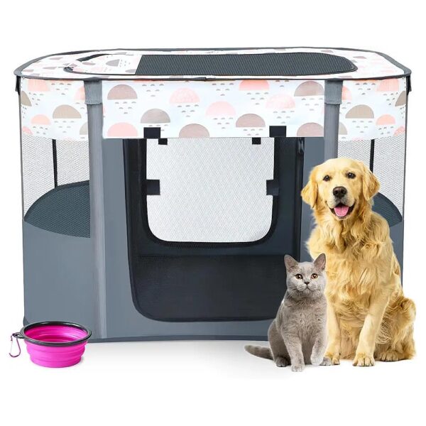 Pet Playpen with Carrying Case and Collapsible Travel Bowl for Streamlined Storage