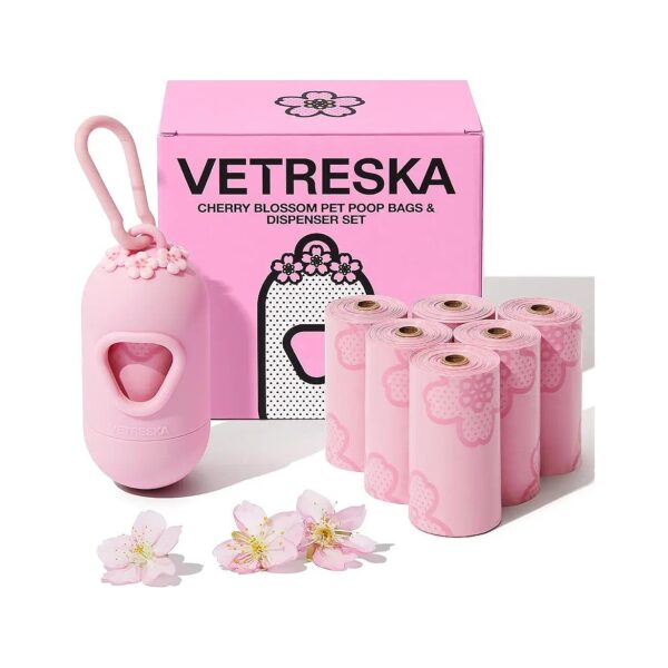 Pet Poop Bag Dispenser with 105 Bags and Cherry Blossom Scented Refills