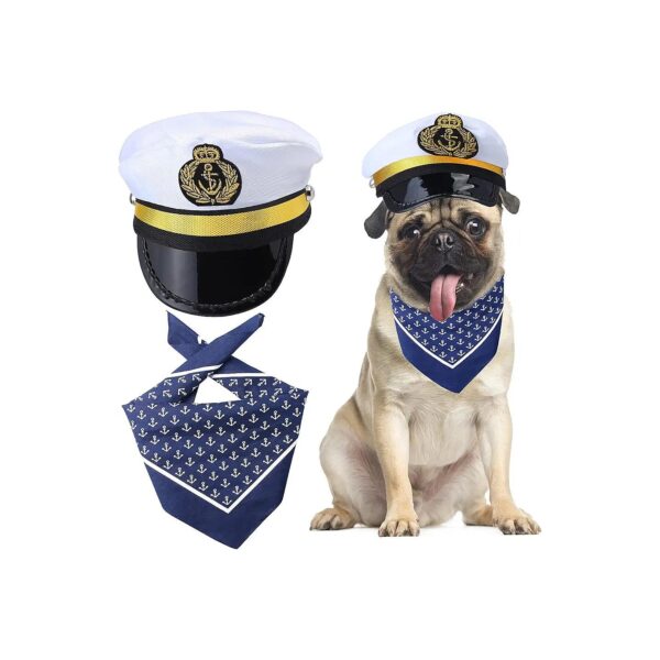 Pet Sailors Costume Accessory Set for Cat Dog White Captain Hat with Anchor Bandana Scarf