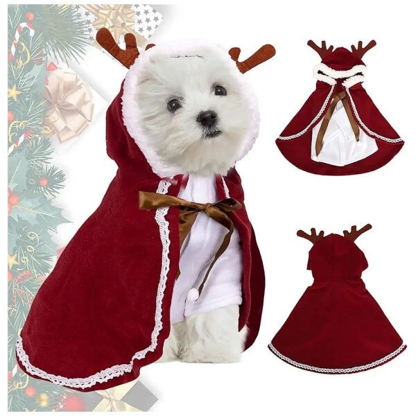 Pet Santa Reindeer Cape Costume with Elk Antlers Hat for Cats and Medium Dogs