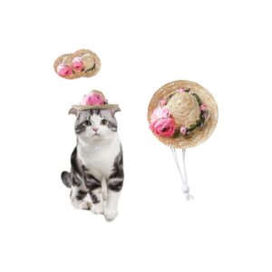 Pet Straw Sombrero Hat with Flowers for Small Puppy or Kitten Sun Protection