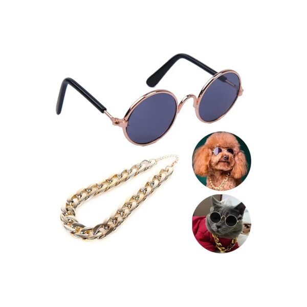 Pet Sunglasses and Gold Chain Kit for Small to Medium Size Dogs and Cats