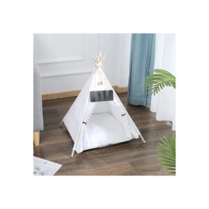 Pet Teepee Tent Bed Set for Small Pets Up to 12lbs with Canvas and Soft Cushion