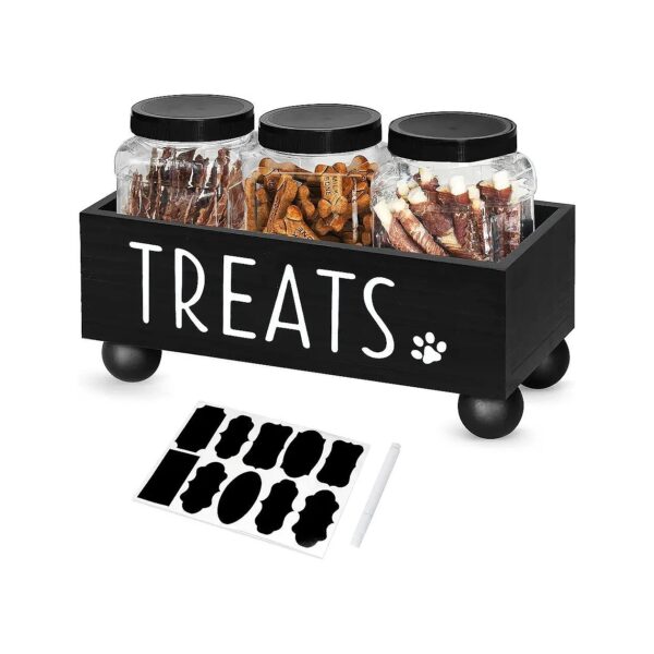 Pet Treat Storage Container for Dog and Cat with Durable Plastic Jars and Rustic Wood Box