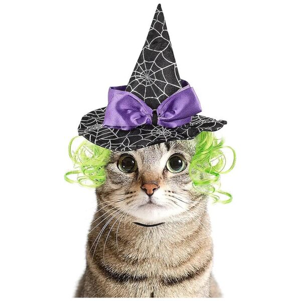 Pet Wizard Hat with Long Green Wig and Purple Bow for Halloween and Christmas Party