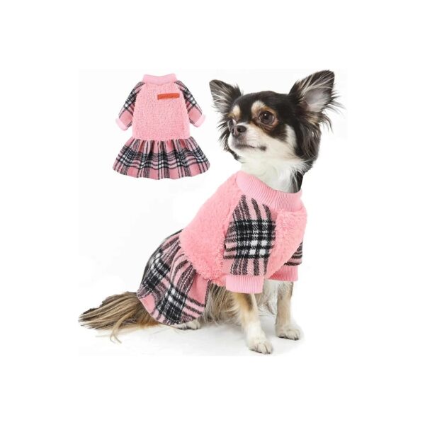 Petite Pink Plaid Fleece Dog Sweater Dress for Small Breeds in Cold Weather