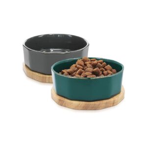 Petrol Grey Ceramic Pet Food or Water Bowls with Oak Underlay