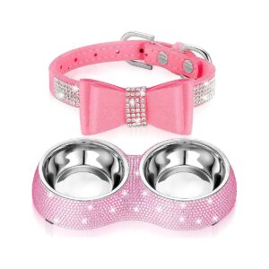 Piece Pink Dog and Cat Accessories - Rhinestone Bowl and Adjustable Collar