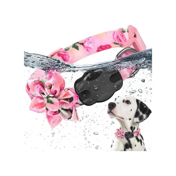 Pink Airtag Dog Collar with Floral Design and AirTag Holder for Medium Female Dogs