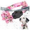 Pink Airtag Dog Collar with Waterproof Case and Floral Bowtie for Small Female Dogs